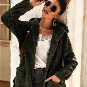 Green Teddy Jacket with Hood and Plush Texture